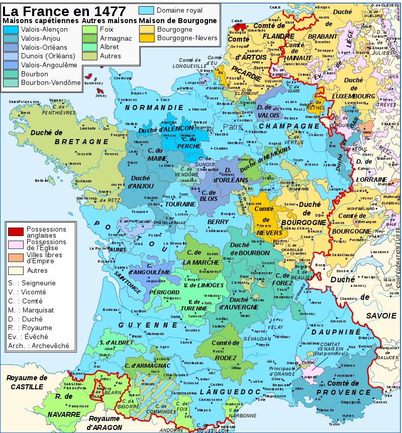 Carte figurant avec de nombreuses couleurs le découpage politique du royaume